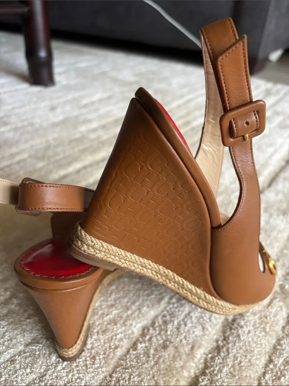 Carolina Herrera Tan Leather Peep-Toe Slingback Heels with Gold Buckle
